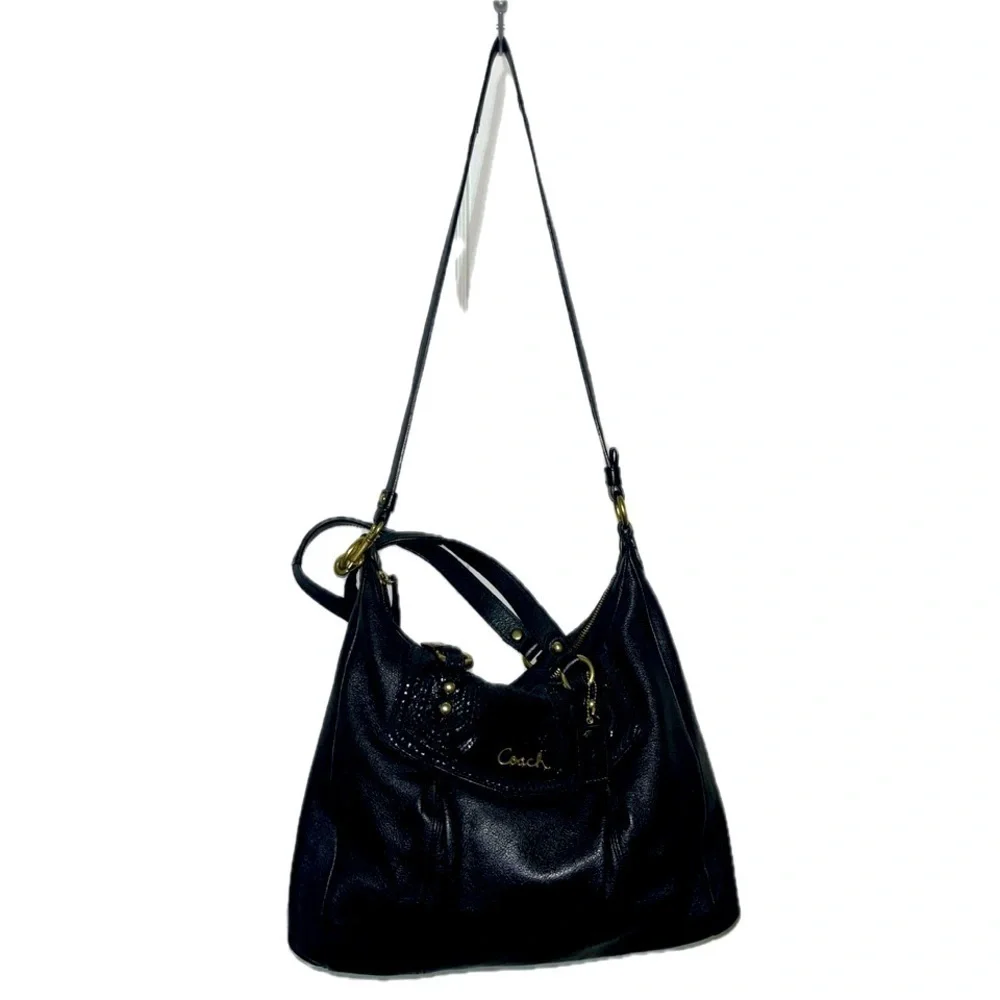 COACH Ashley Black Leather Python Trim Purse Shoulder Hobo Handbag F20104